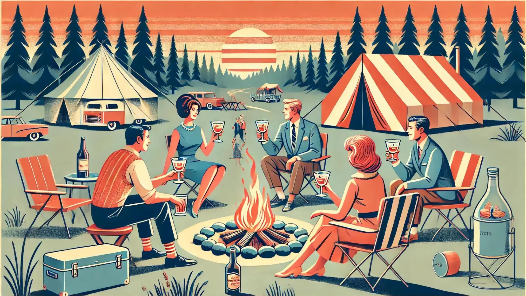 Retro camping scene with campfire and tents.