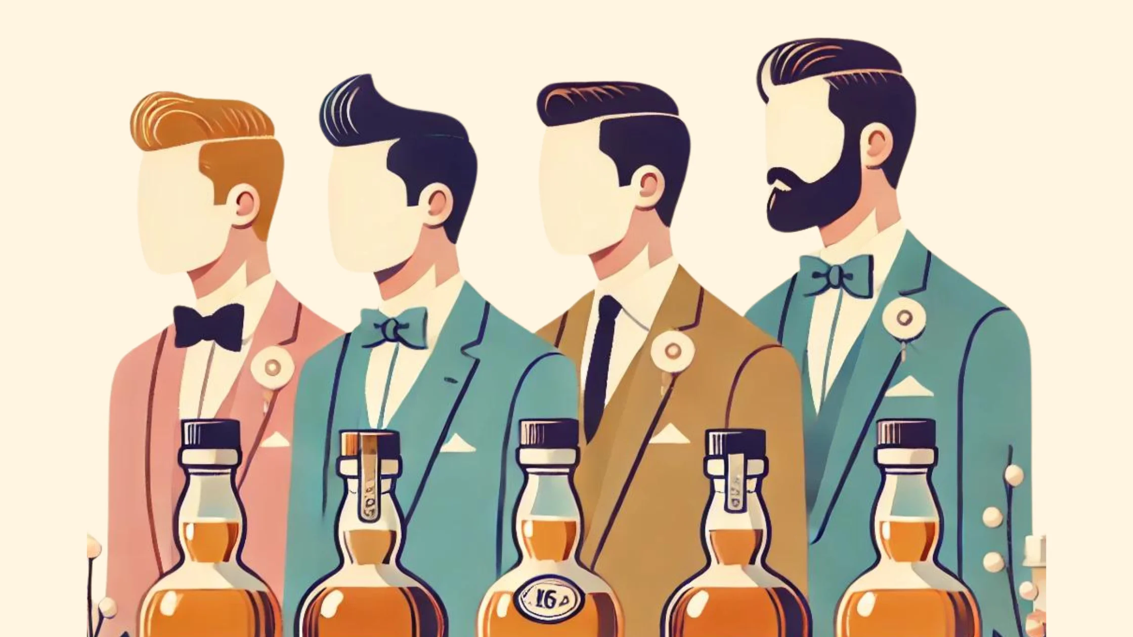 Faceless men in suits with whiskey bottles