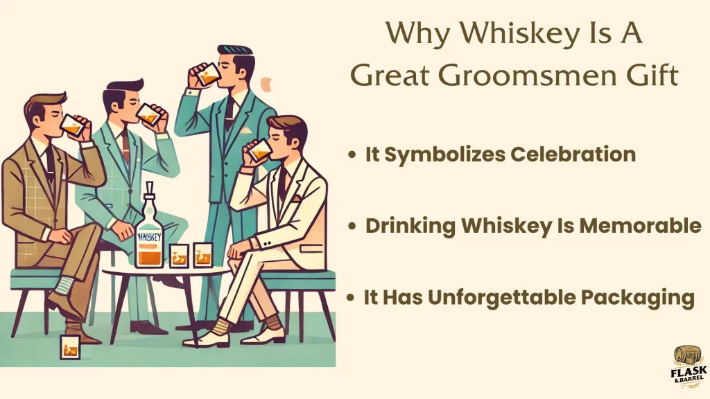 Four groomsmen enjoying whiskey together