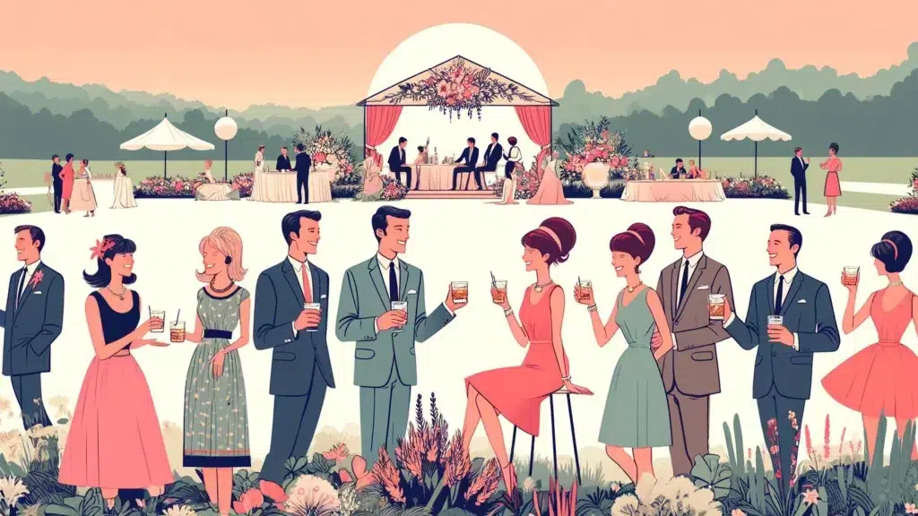 Outdoor garden party with guests in formal attire.