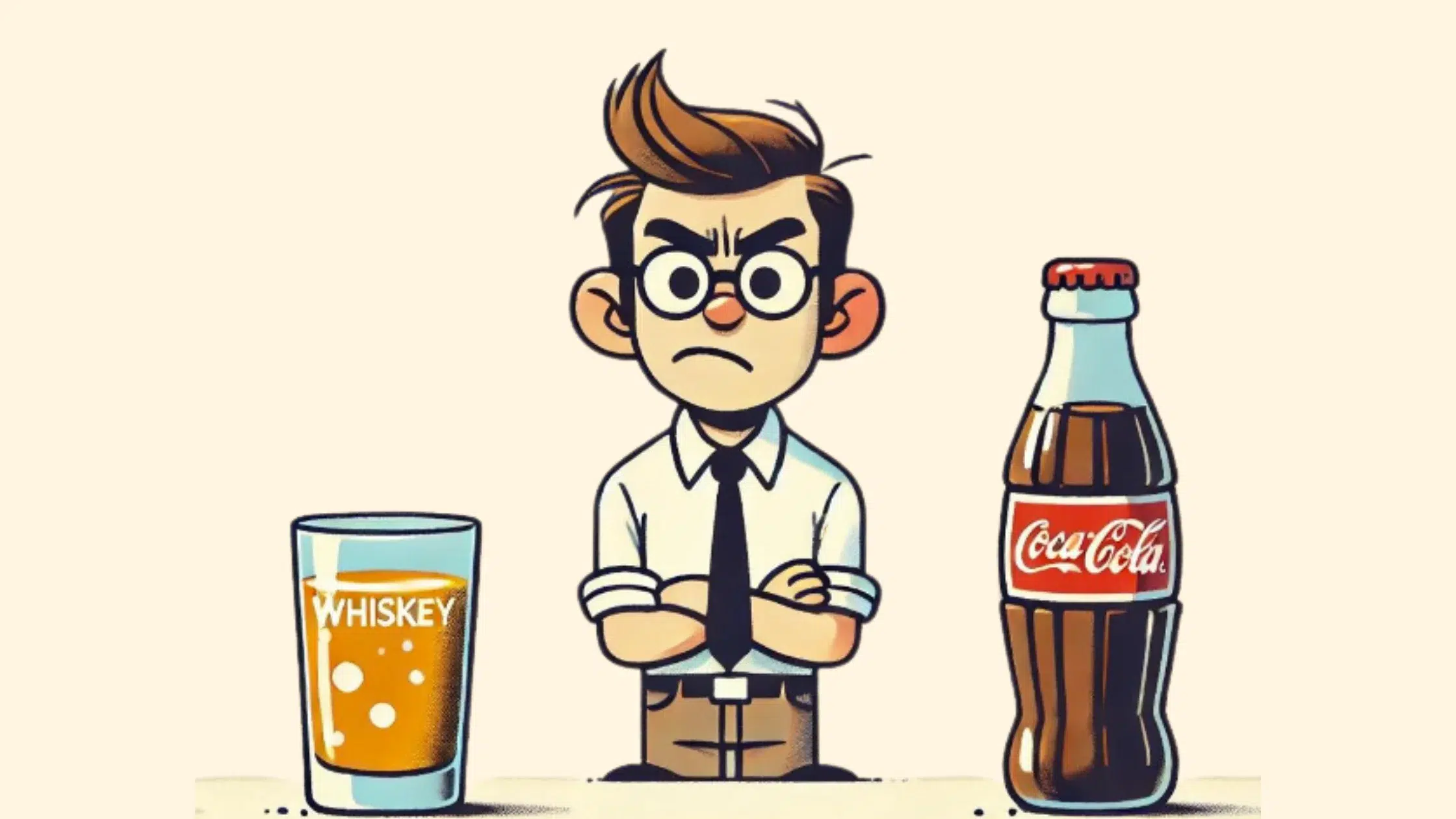 Cartoon man between whiskey glass and Coca-Cola bottle.