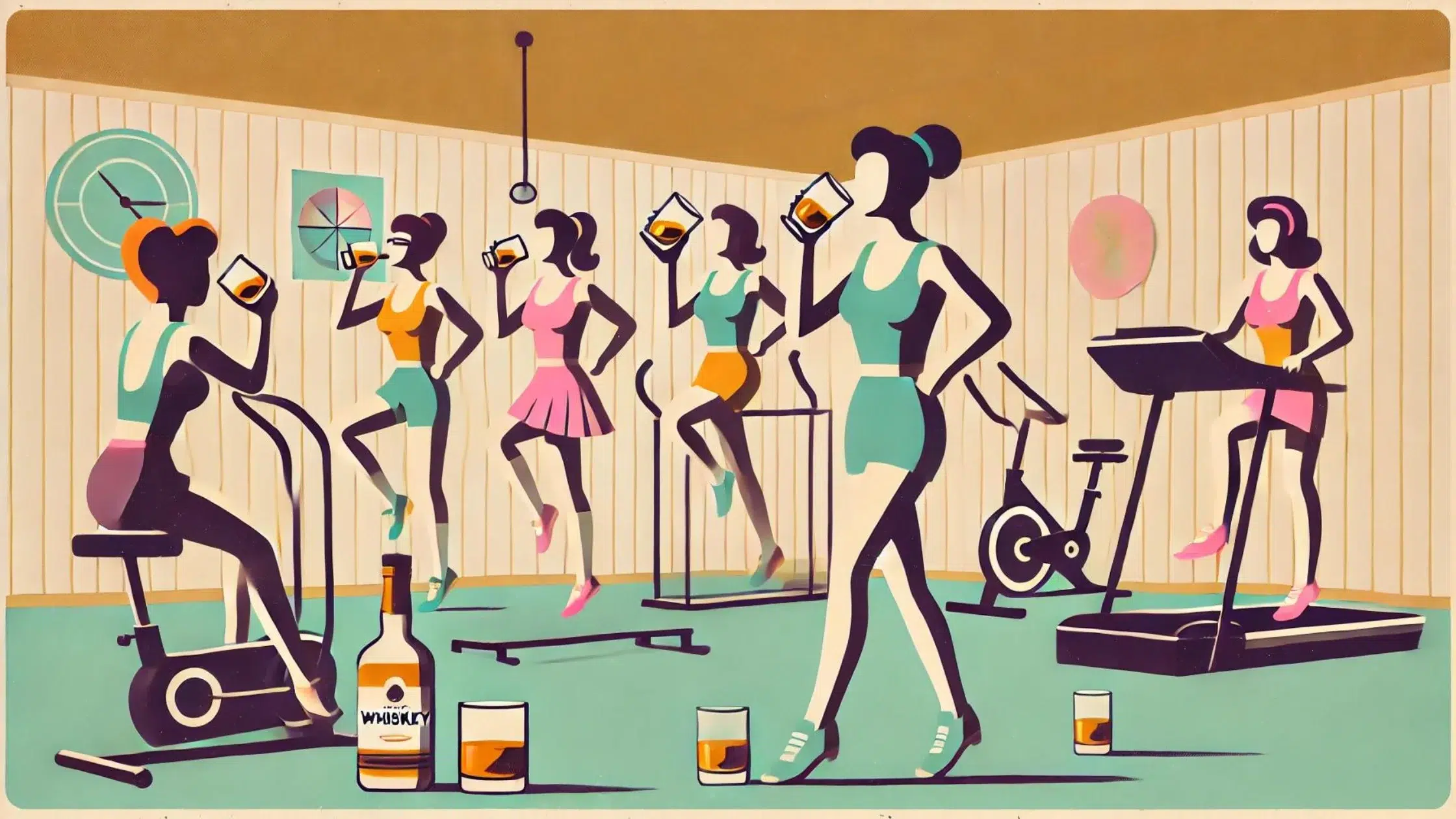 Women exercising while drinking whiskey.