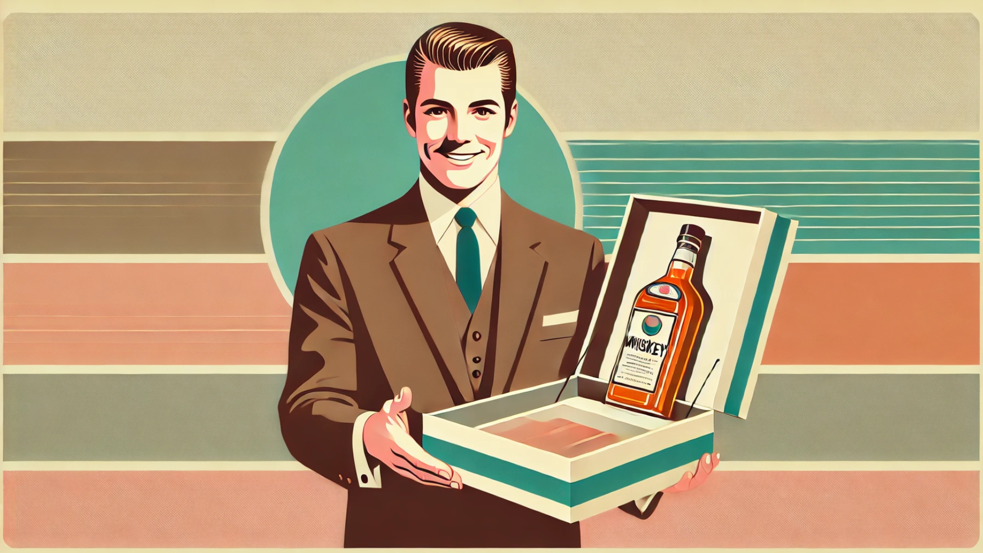 Retro man holding whiskey box illustration.