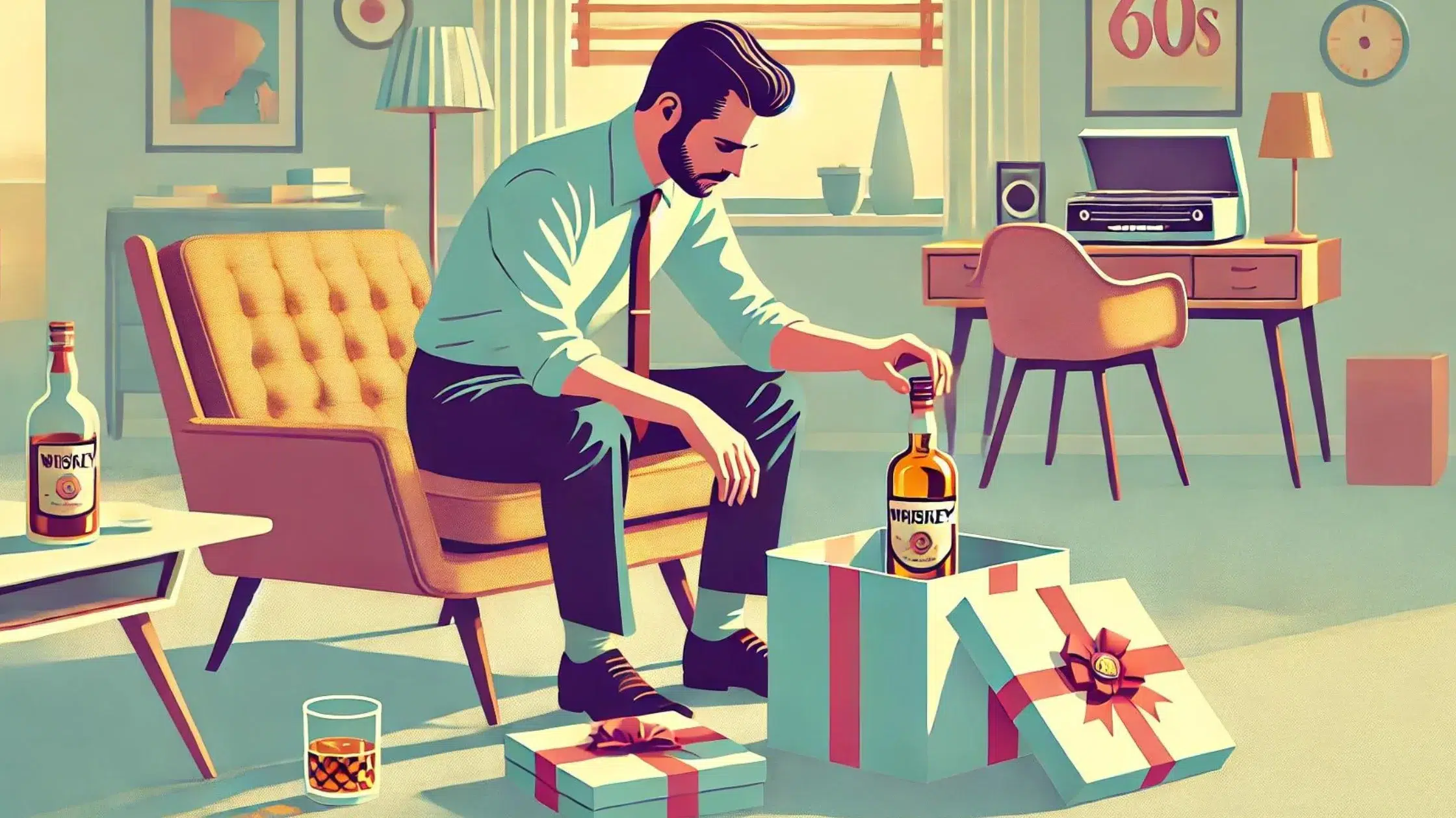 Man opens whiskey gift in 60s room.