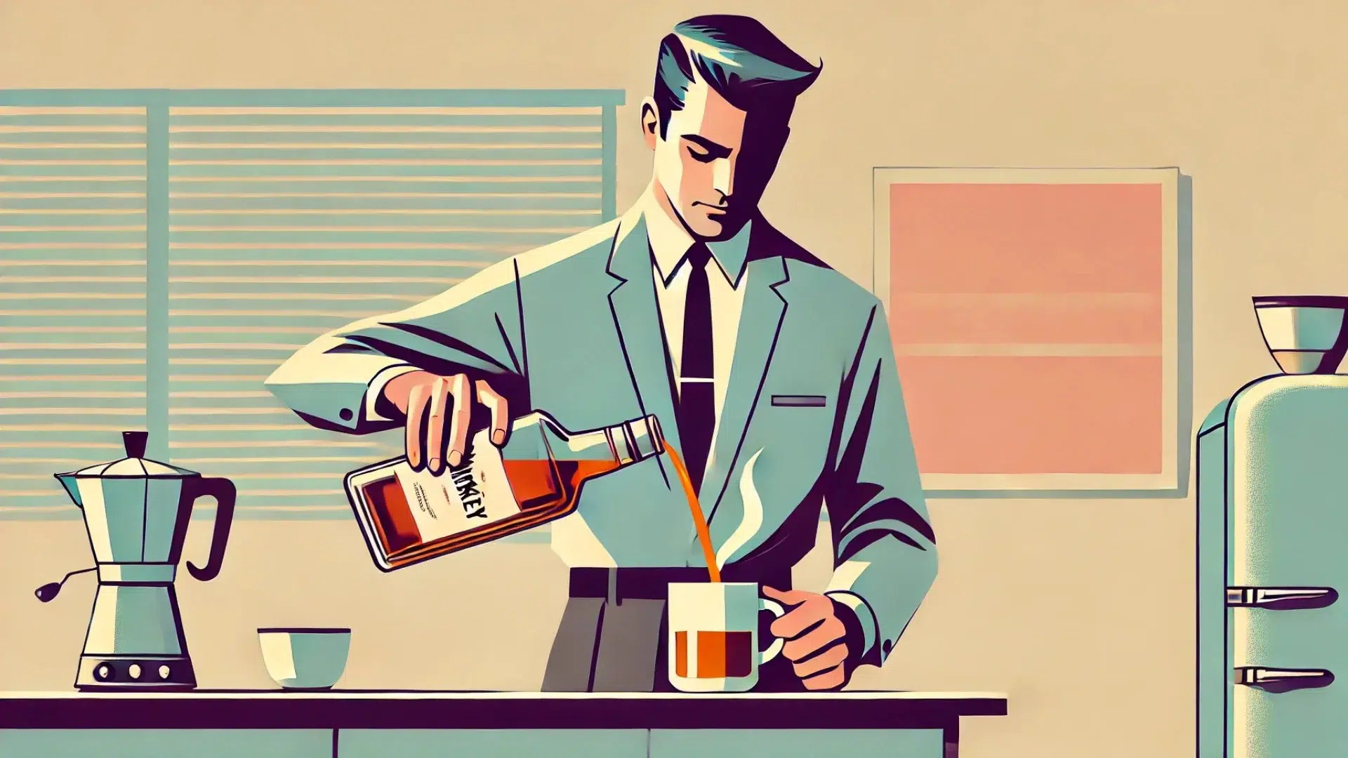 Illustration man pouring whiskey into coffee cup.