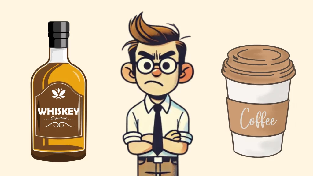 Cartoon man between whiskey and coffee