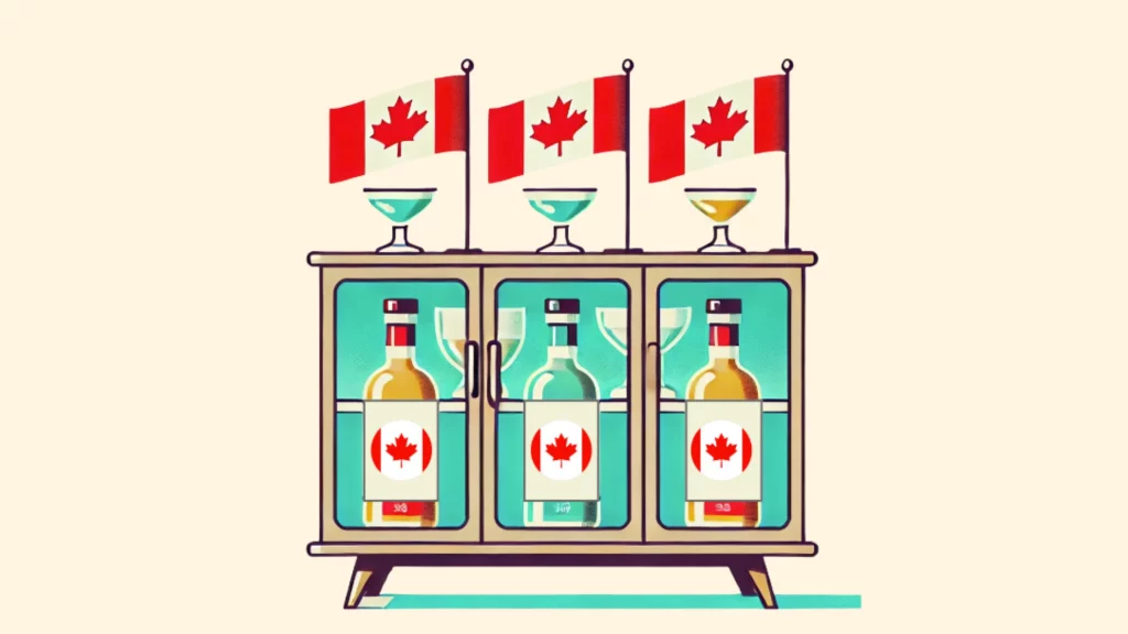 Canadian flags and liquor bottles in a cabinet.