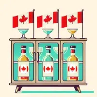 Canadian flags and liquor bottles in a cabinet.