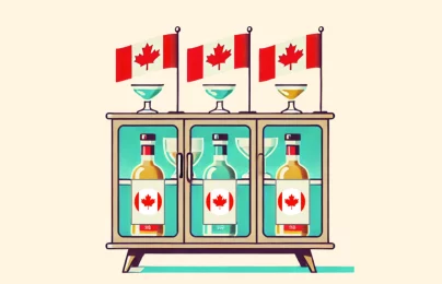 Canadian flags and liquor bottles in a cabinet.