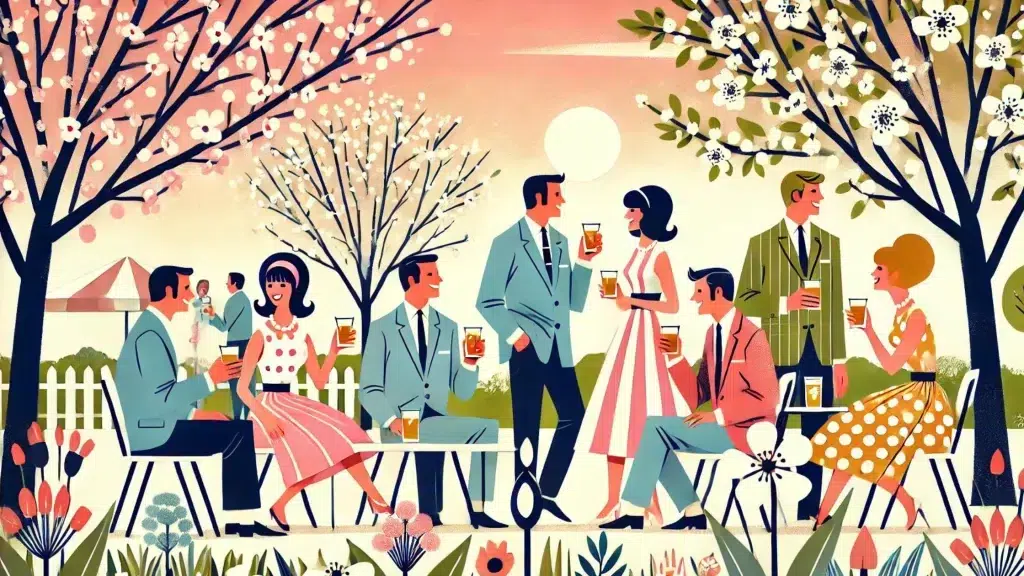 Vintage picnic scene with people and blooming trees.