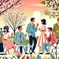 Vintage picnic scene with people and blooming trees.