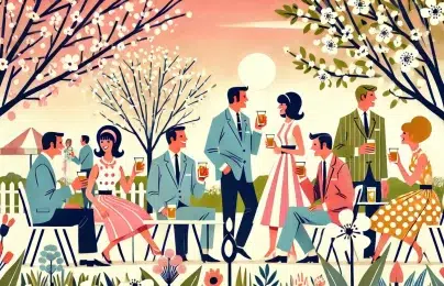 Vintage picnic scene with people and blooming trees.