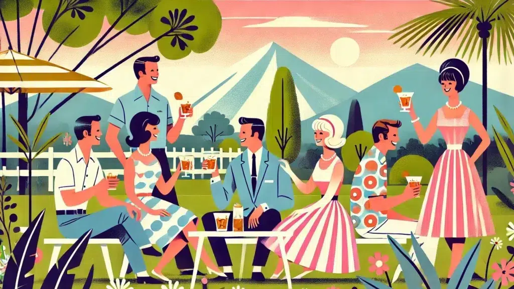 Vintage illustration of people enjoying outdoor cocktails.