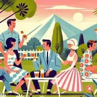 Vintage illustration of people enjoying outdoor cocktails.