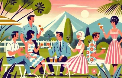 Vintage illustration of people enjoying outdoor cocktails.