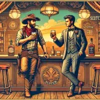 Western bar with cowboy and gentleman drinking scotch