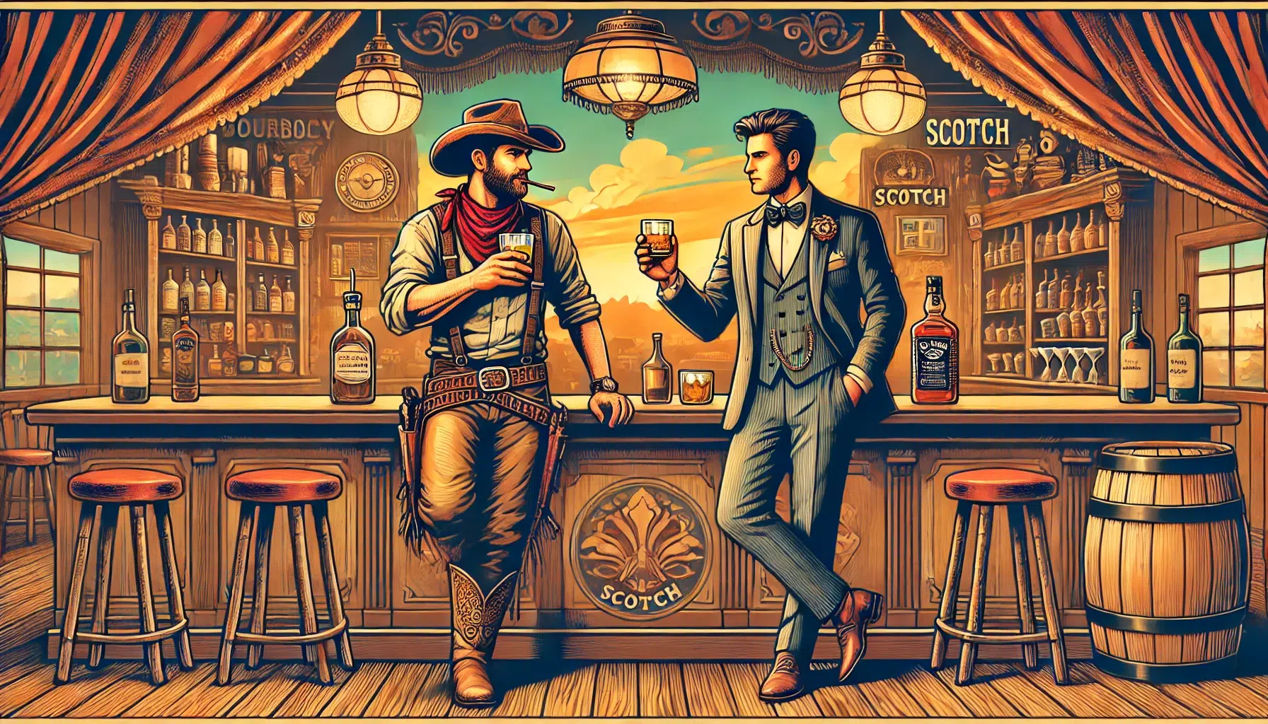 Western bar with cowboy and gentleman drinking scotch