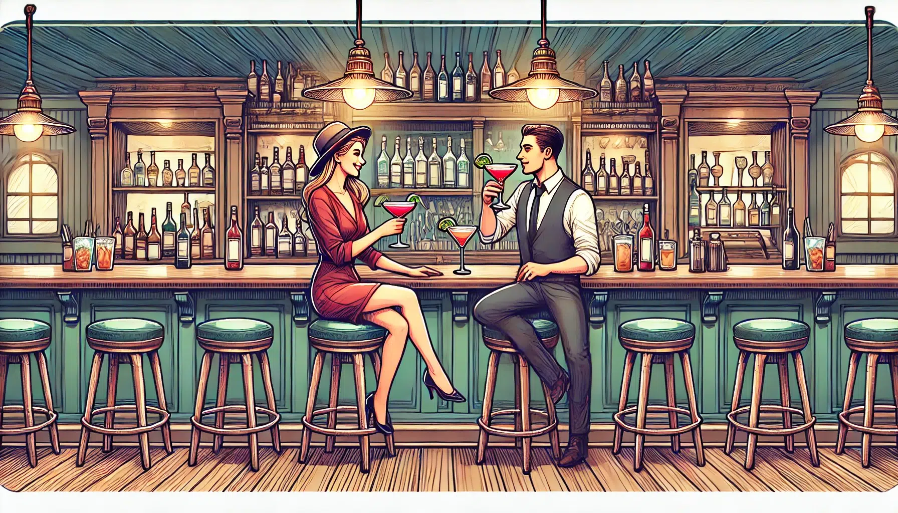 Couple enjoying cocktails at a bar