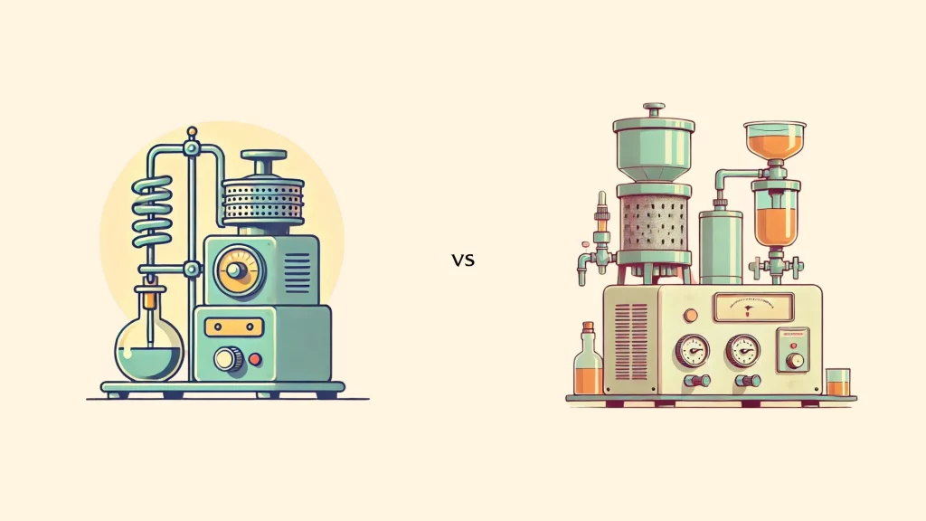 Animated depiction of a alcohol whiskey distillation device vs a filtration device.