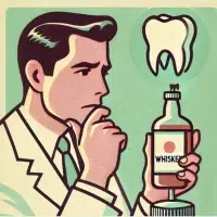 Man contemplating whiskey and a tooth illustration.