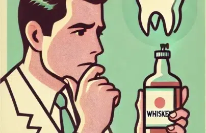 Man contemplating whiskey and a tooth illustration.