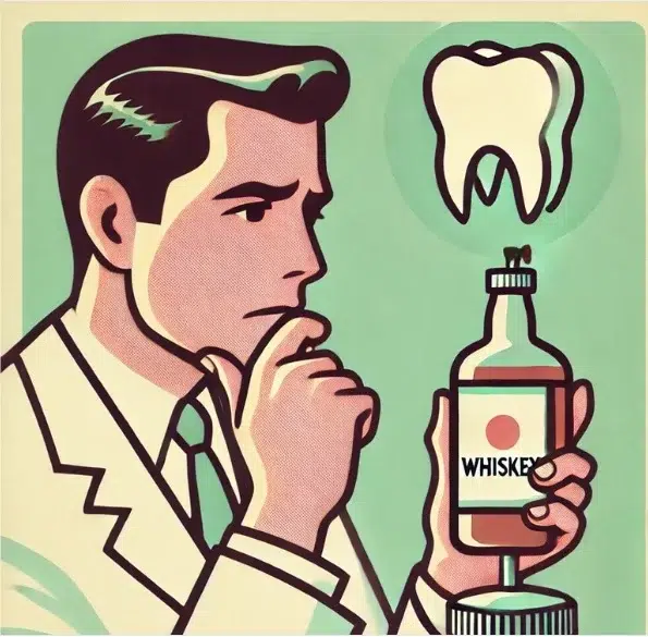 Man contemplating whiskey and a tooth illustration.