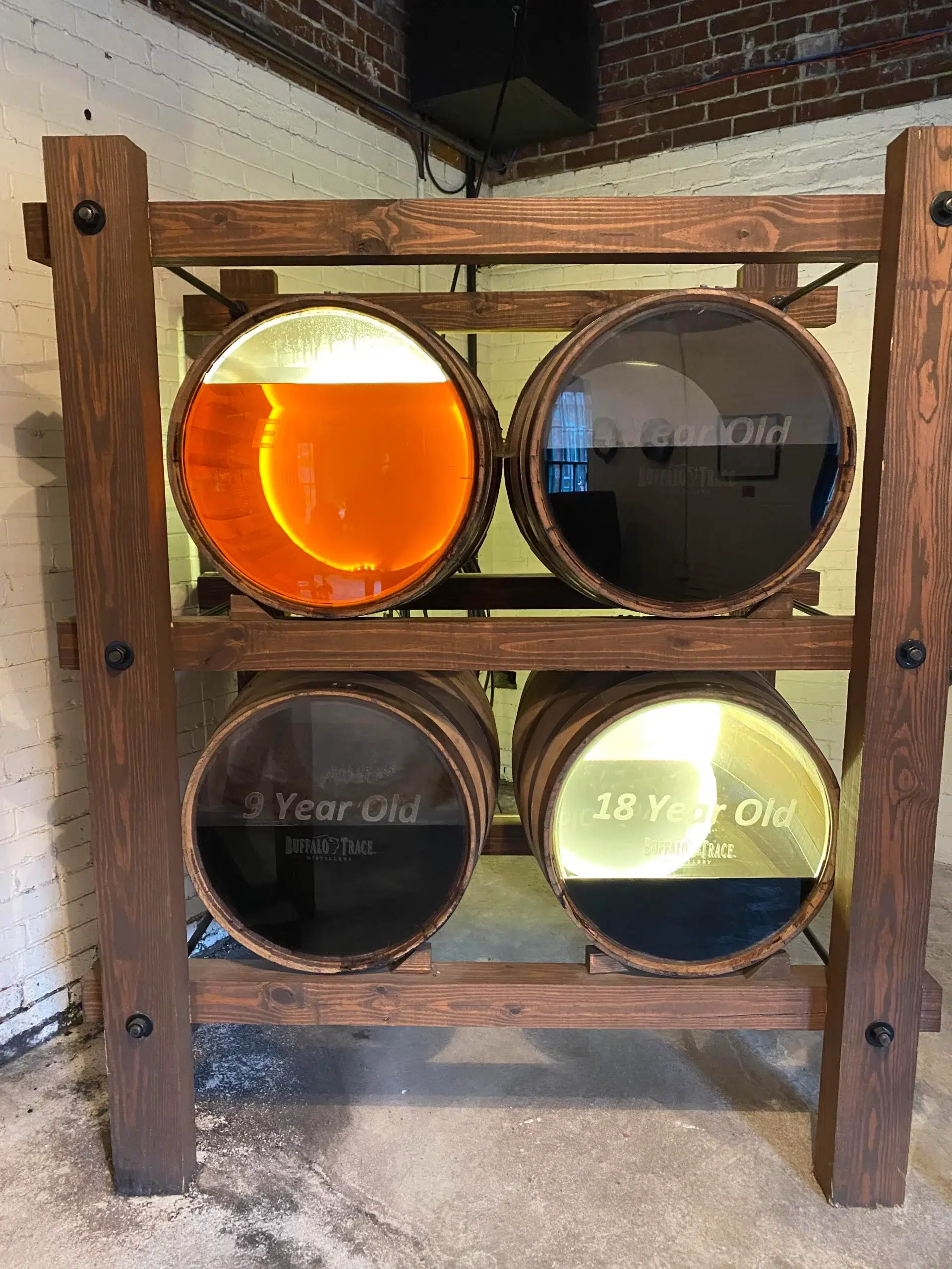 Display of 9 and 18-year-old bourbon barrels