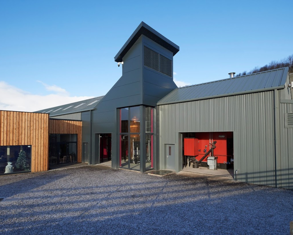 Modern distillery building in rural setting