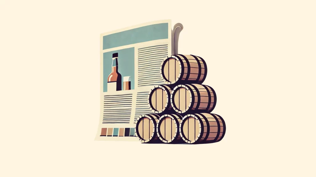 Newspaper with whiskey bottle, stacked barrels