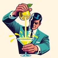 Man squeezing lemon into cocktail glass illustration