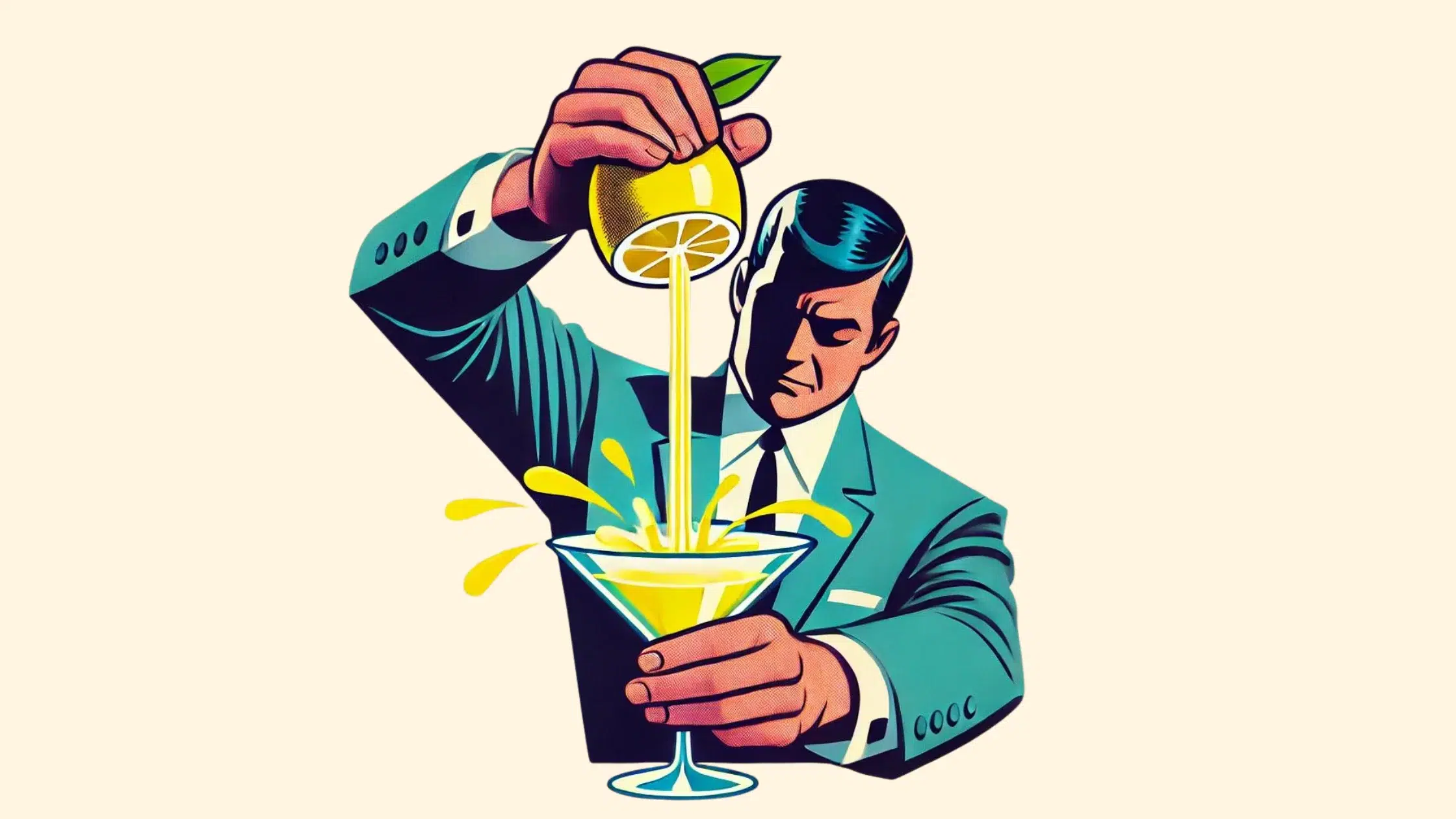 Man squeezing lemon into cocktail glass illustration