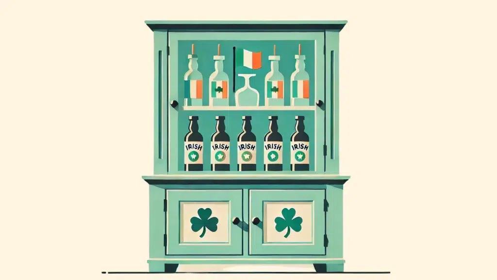 Irish liquor cabinet with bottles and flag