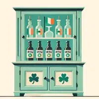 Irish liquor cabinet with bottles and flag