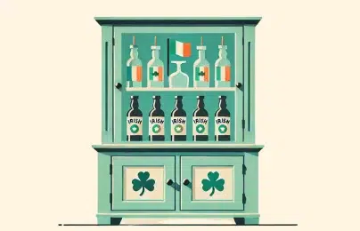 Irish liquor cabinet with bottles and flag