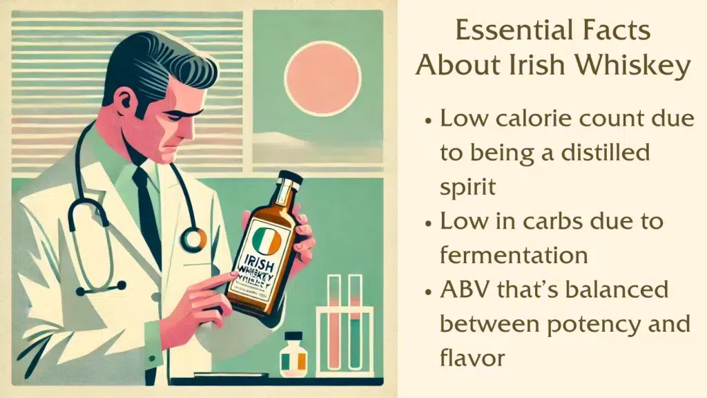 Doctor holding bottle of Irish whiskey with facts.