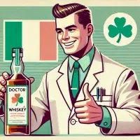 Smiling doctor holding whiskey bottle, Irish flag background.