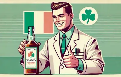 Smiling doctor holding whiskey bottle, Irish flag background.