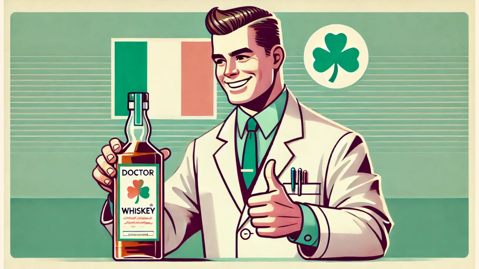 Smiling doctor holding whiskey bottle, Irish flag background.