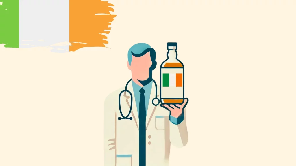 Doctor holding Irish flag-labeled medicine bottle