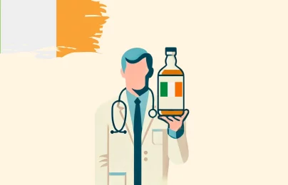 Doctor holding Irish flag-labeled medicine bottle