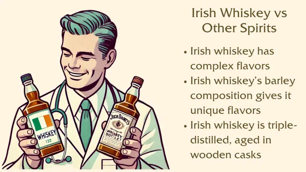 Illustration comparing Irish whiskey and other spirits.