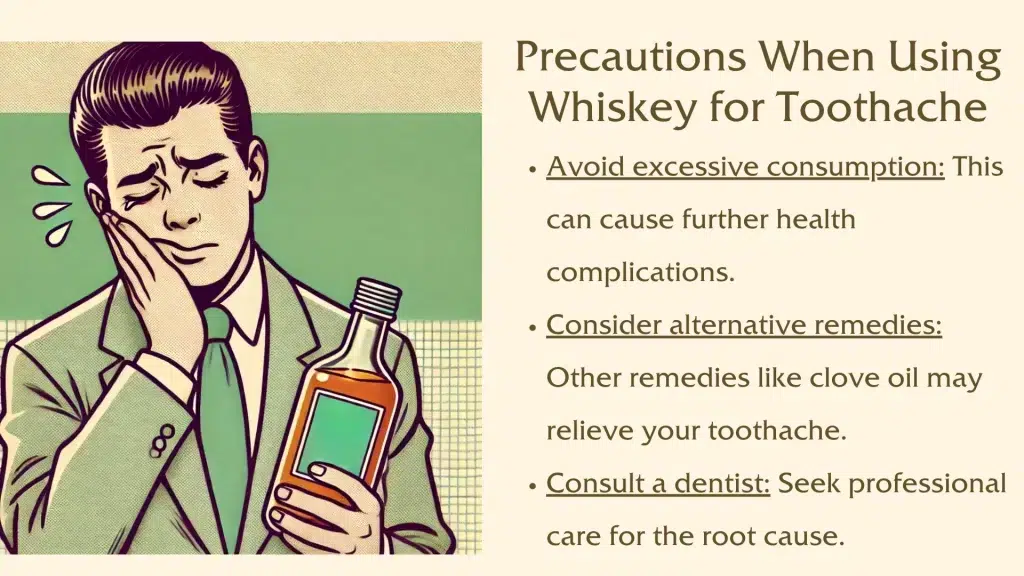 Man with toothache holding whiskey bottle illustration.