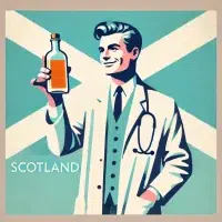 Illustrated doctor with whisky, Scotland flag background