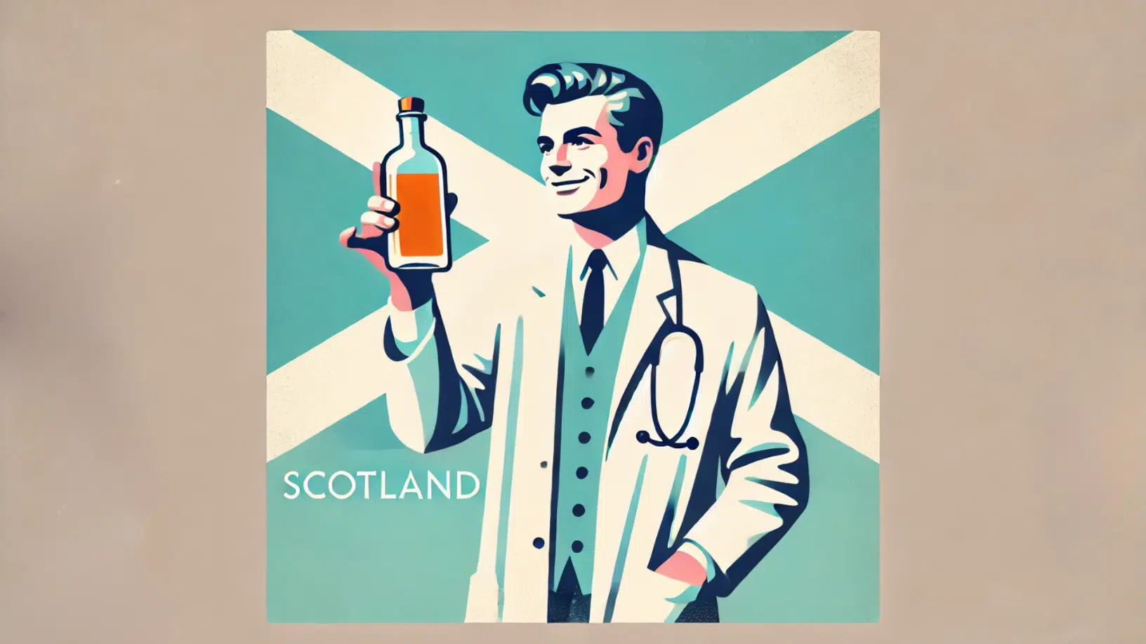 Illustrated doctor with whisky, Scotland flag background