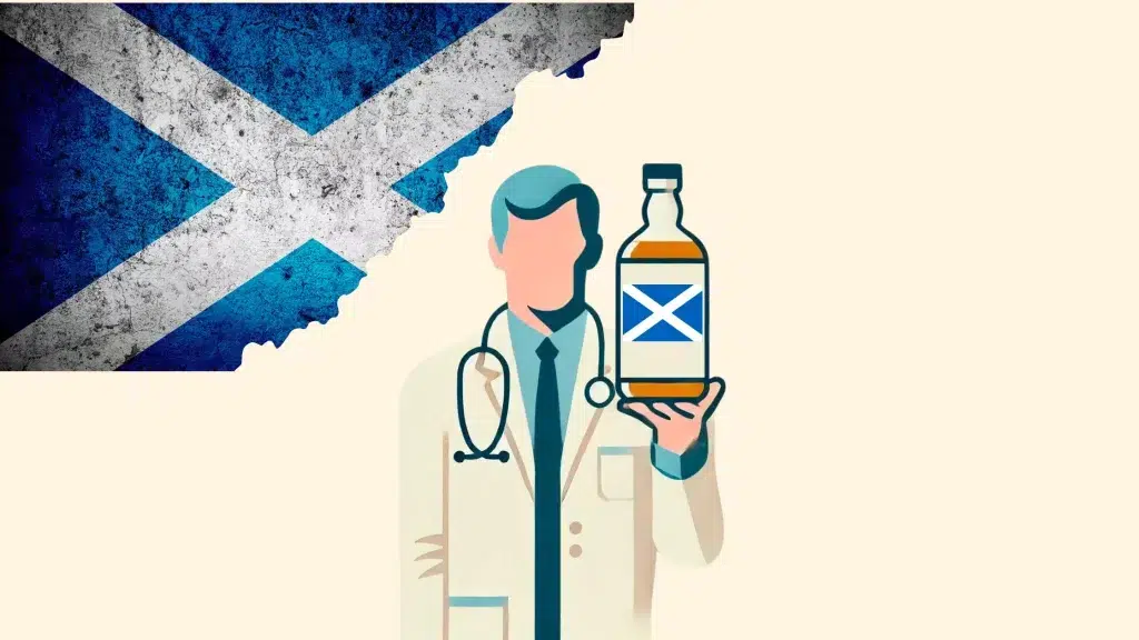 Doctor holding Scotch whiskey bottle, Scottish flag background