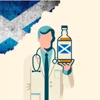 Doctor holding Scotch whiskey bottle, Scottish flag background