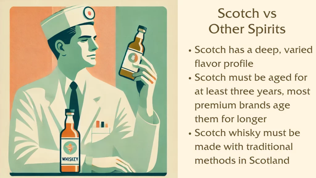 Illustration of man with whiskey bottle, scotch information.