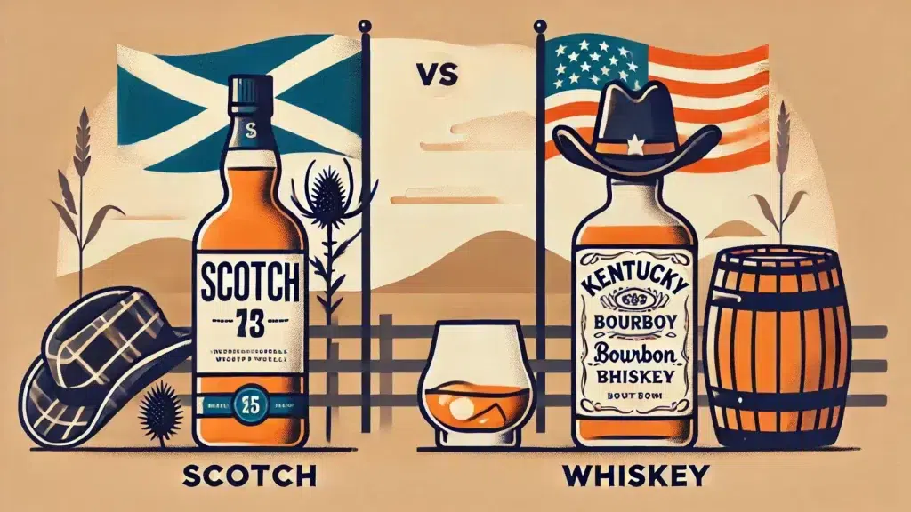 Scotch vs Whiskey illustration with flags.