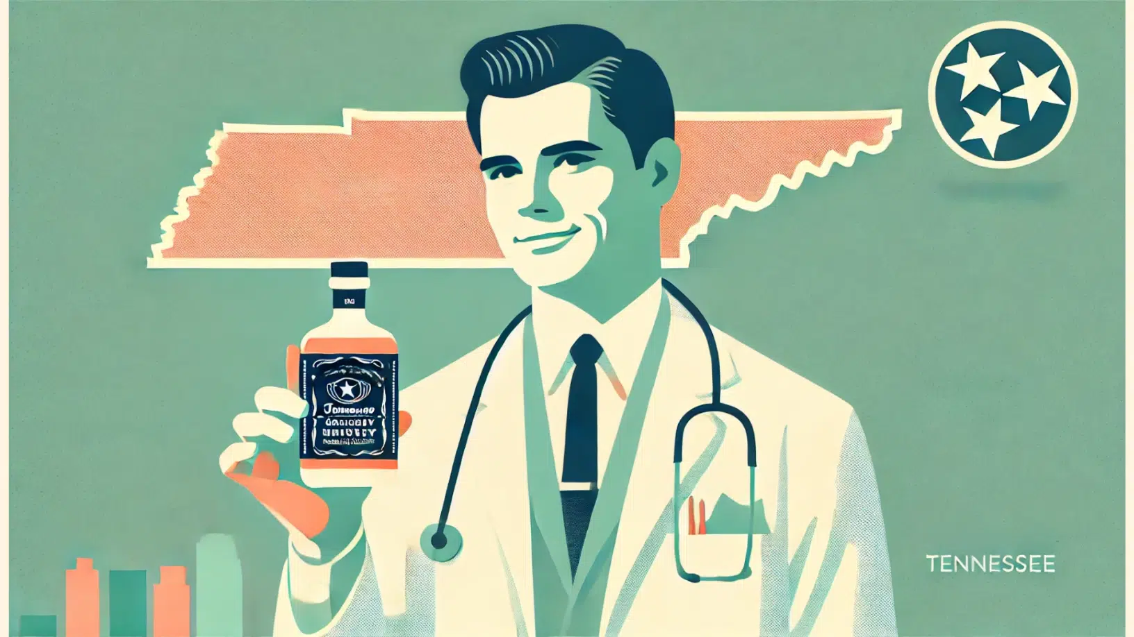 Doctor holding Tennessee whiskey bottle illustration