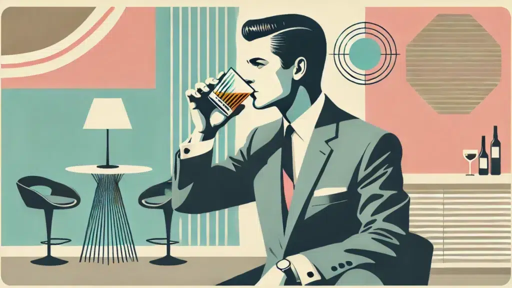 Stylish man drinking whiskey in modern lounge.